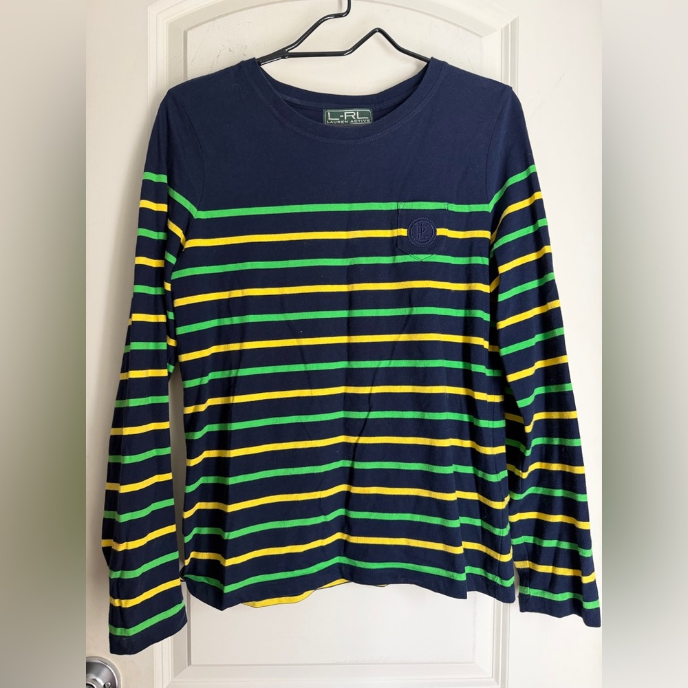 Ralph Lauren active M Navy Shirt with Green and Yellow Stripes casual travel